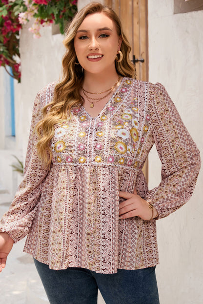 Plus Size V-Neck Printed Long Sleeve Blouse