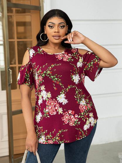 Plus Size Cold-Shoulder Round Neck Curved Hem Tee