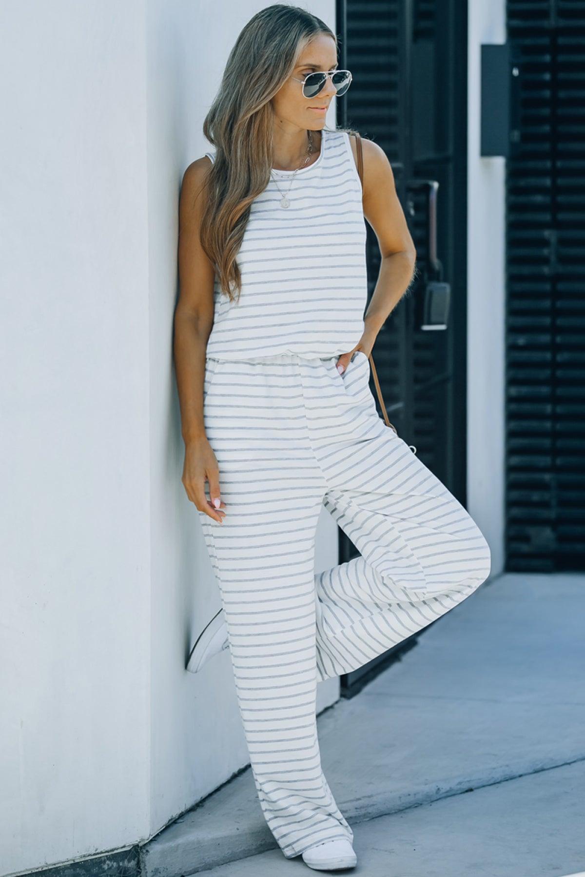 White Striped Print Pocketed Sleeveless Jumpsuit