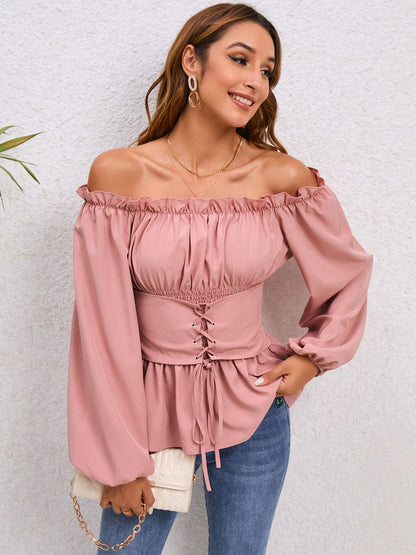 Lace-Up Balloon Sleeve Off-Shoulder Blouse