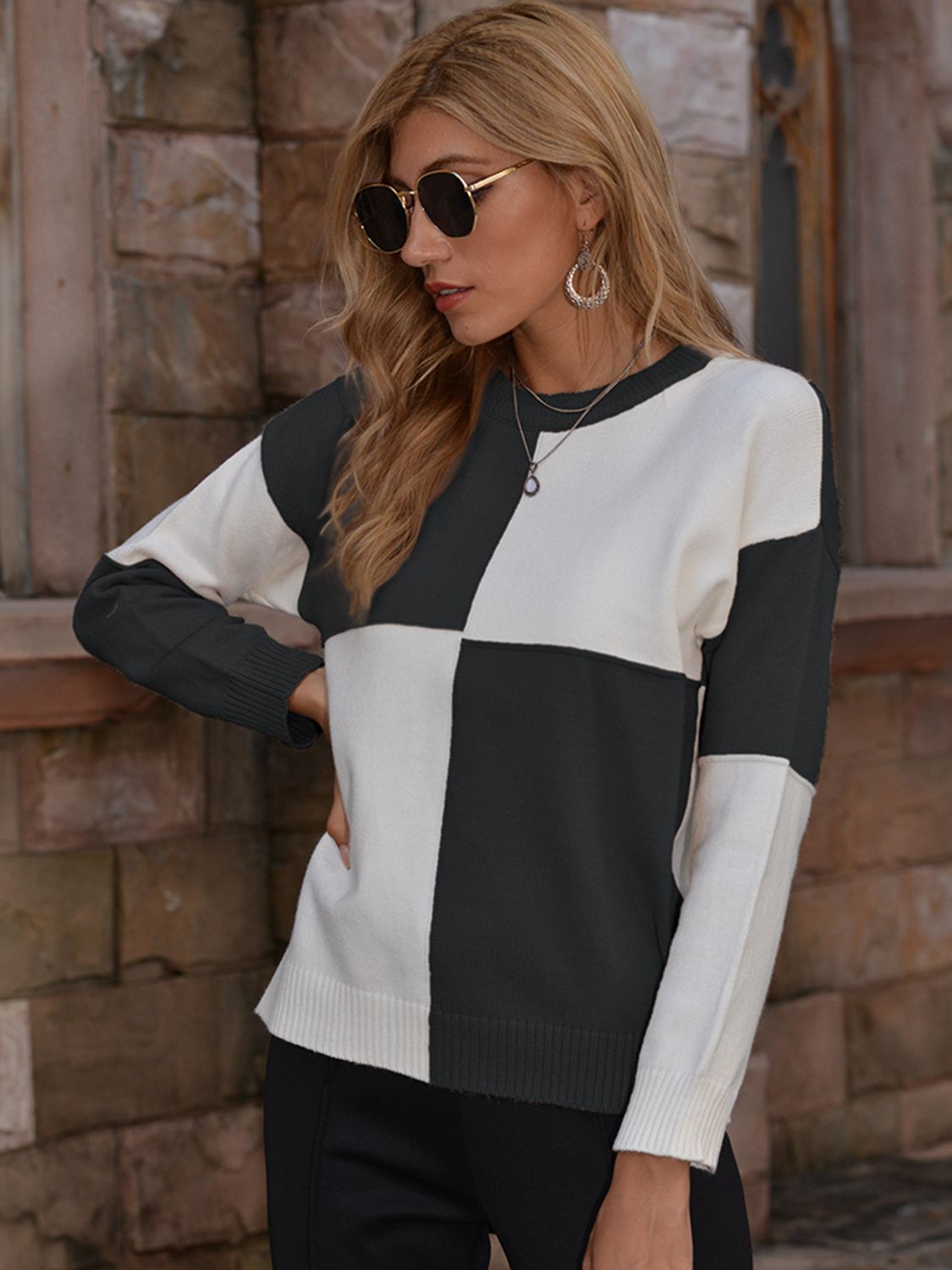 Contrast Round Neck Drop Shoulder Sweater