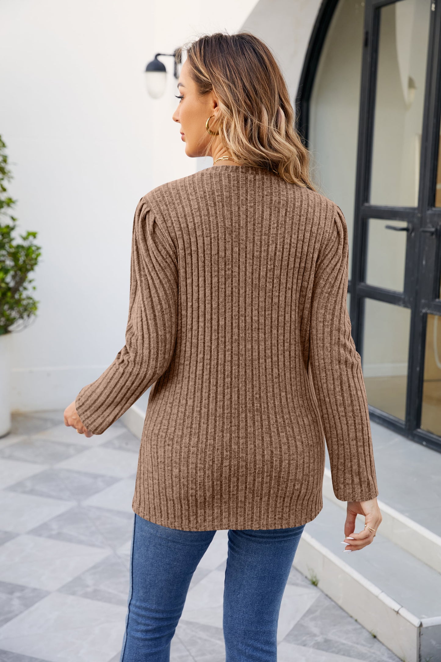 Round Neck Long Sleeve Ribbed Blouse