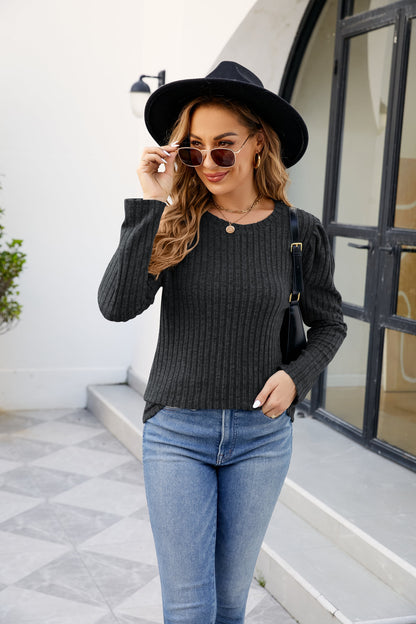 Round Neck Long Sleeve Ribbed Blouse