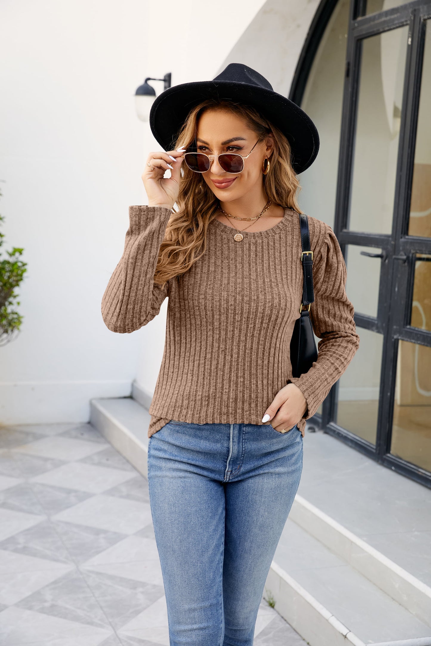 Round Neck Long Sleeve Ribbed Blouse