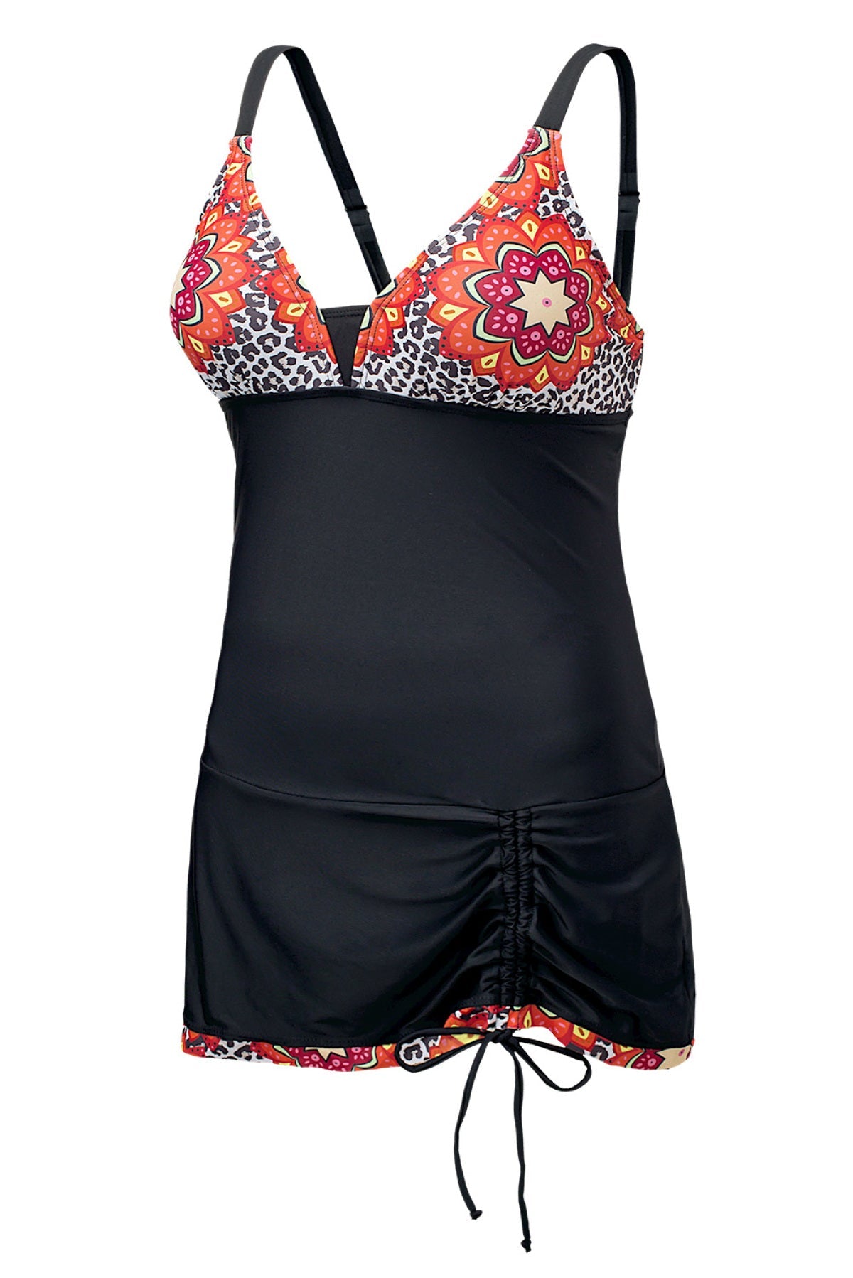 Tribal Floral Leopard Print Lace Up One Piece Swimsuit