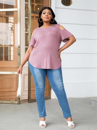 Plus Size Cold-Shoulder Round Neck Curved Hem Tee