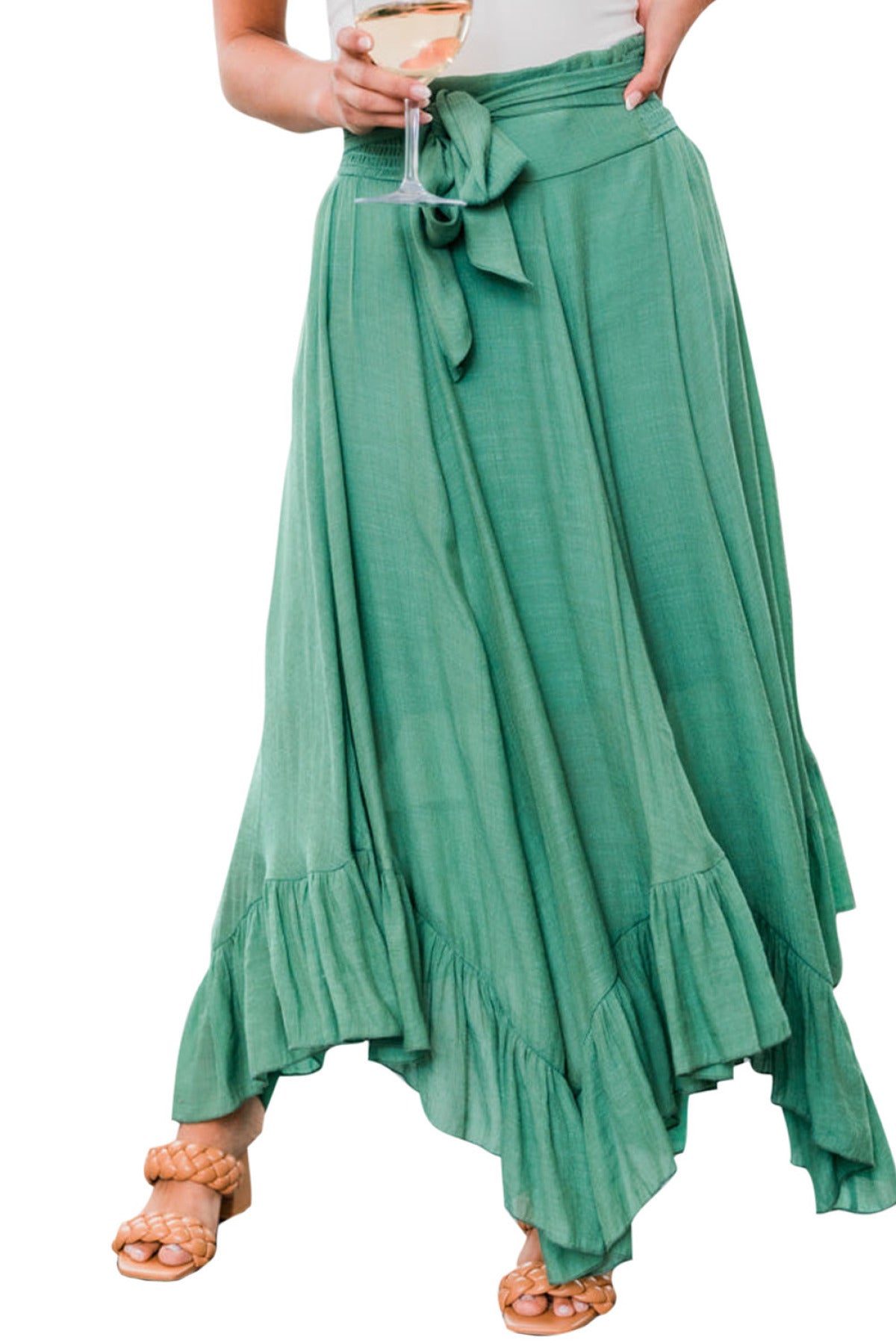 Green Asymmetric Flounce Belted High Waist Maxi Skirts