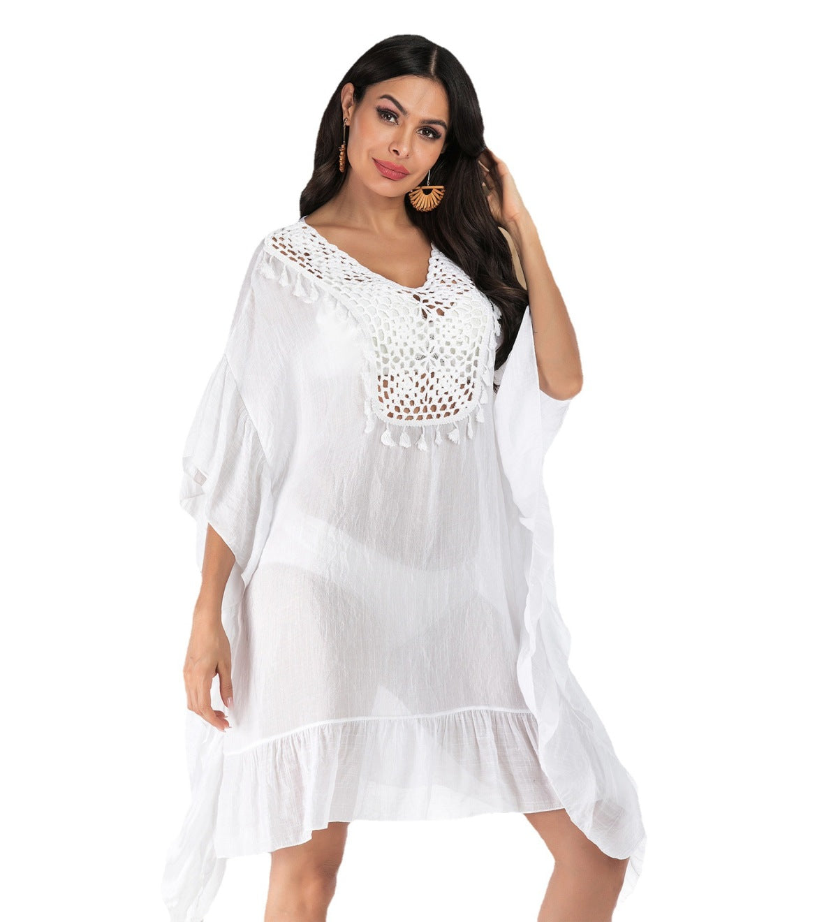 Solid Crochet Tassels Trim Ruffled Hem Beach Cover Up