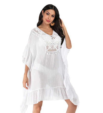 Solid Crochet Tassels Trim Ruffled Hem Beach Cover Up