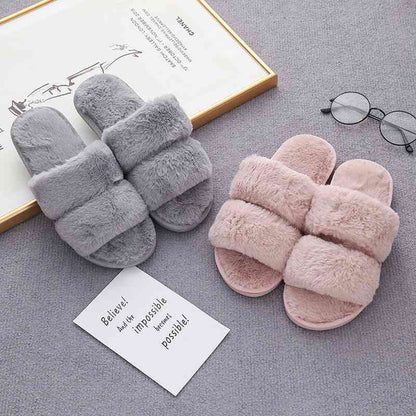 Faux Fur Double Strap Slippers