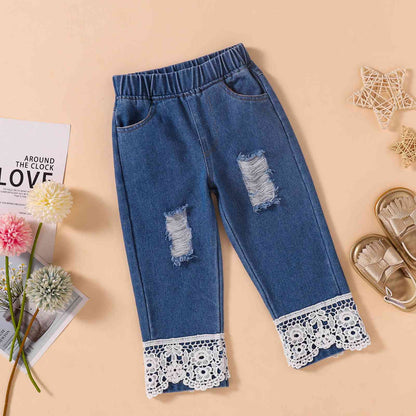 Girls Floral Round Neck Top and Lace Trim Distressed Jeans Set