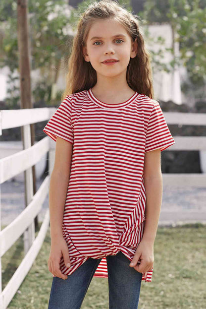 Girls Striped Round Neck Twisted Tee Shirt