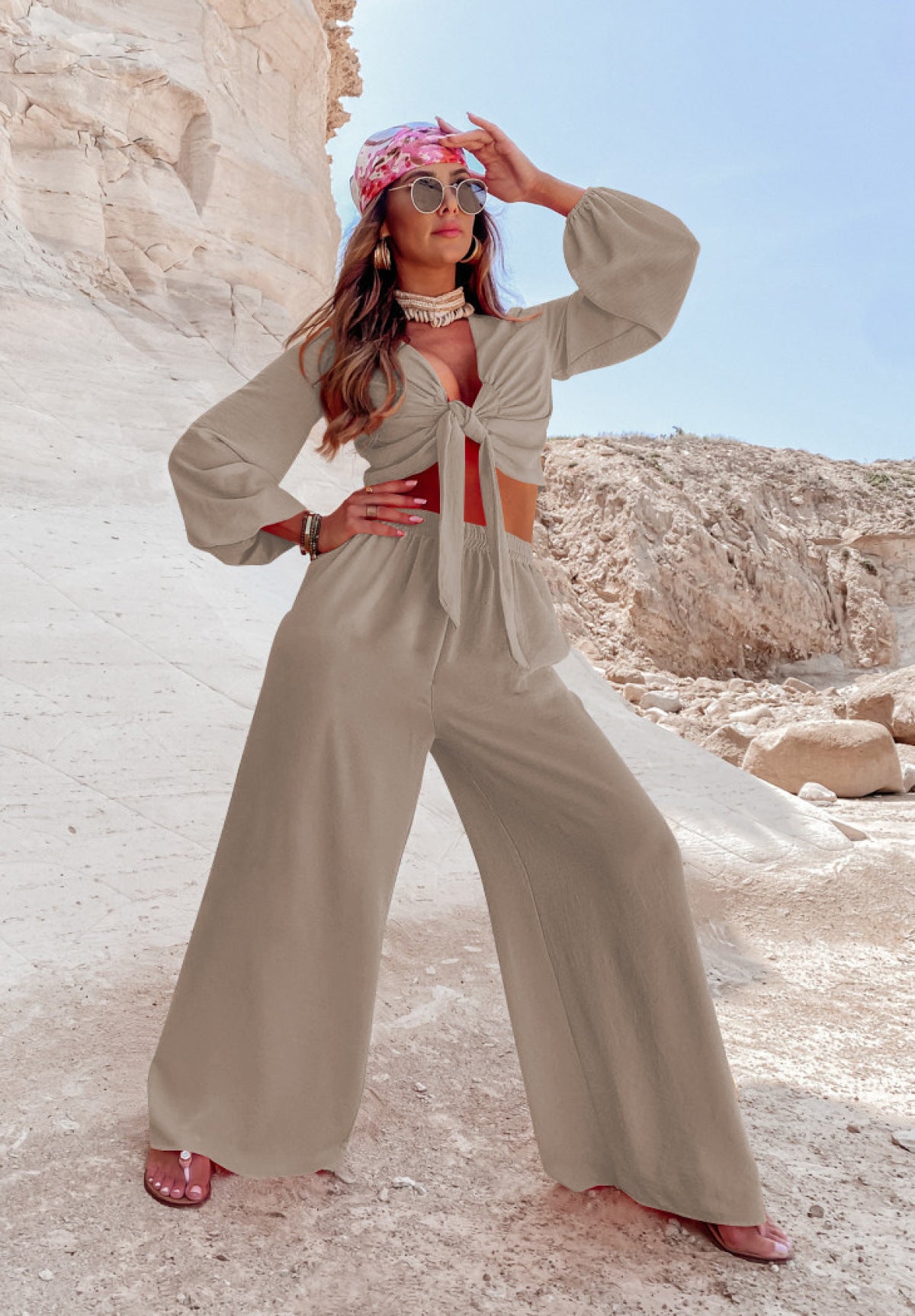 Knotted Front and Back Reversible Top & Wide Leg Pants Set