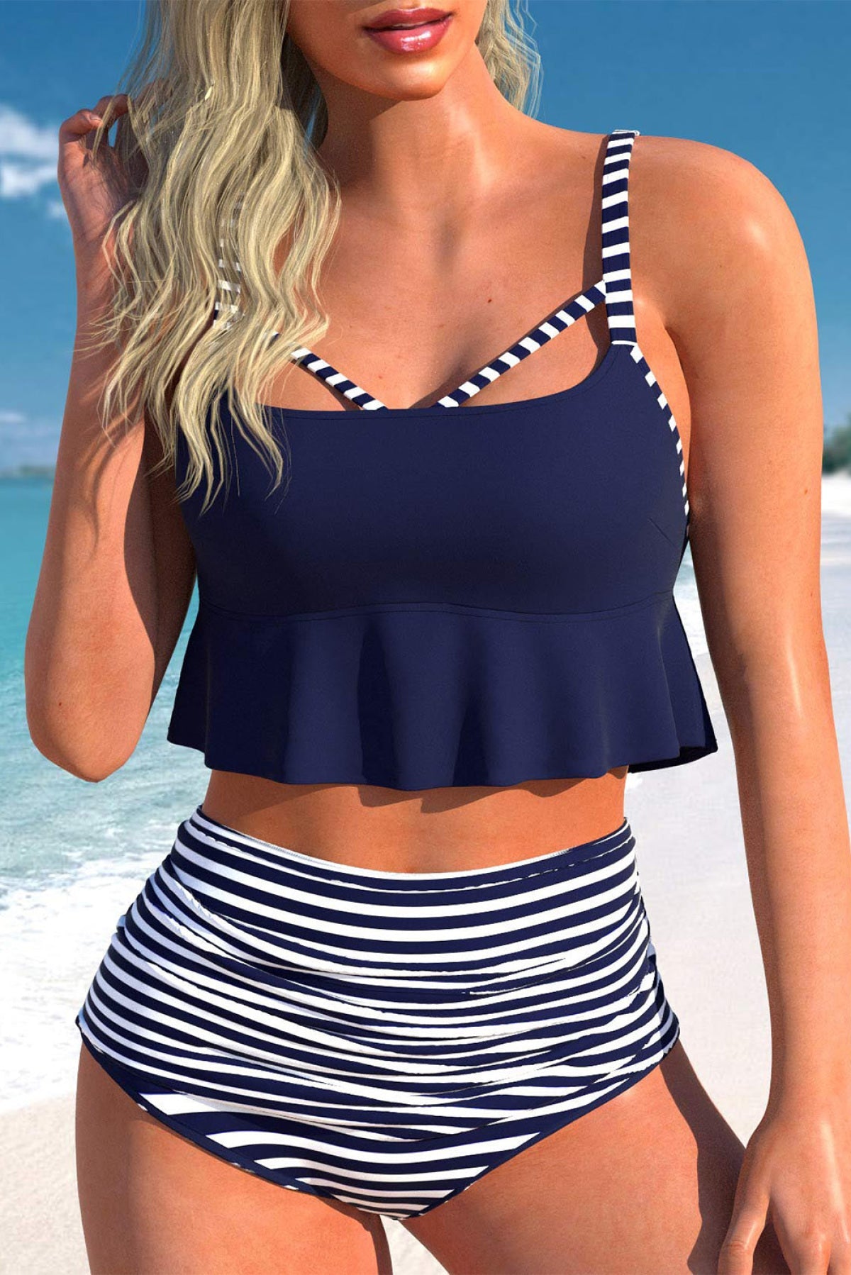 Cutout Ruffle Crop Top & Striped High Waist Bikini Set