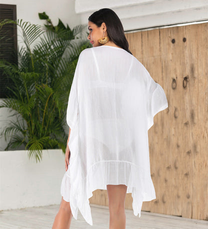 Solid Crochet Tassels Trim Ruffled Hem Beach Cover Up