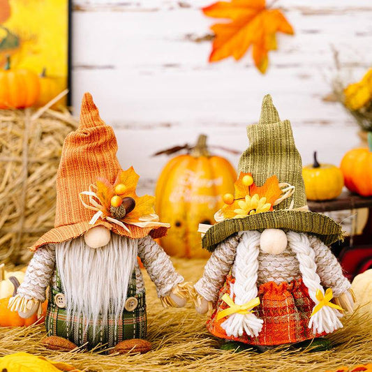 Maple Leaf Plaid Thanksgiving Harvest Gnome Ornaments