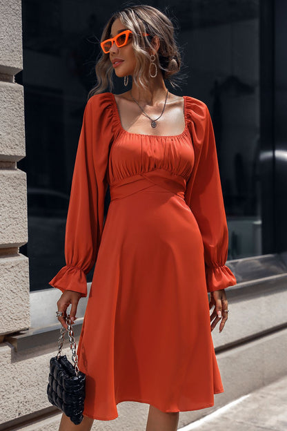 Square Neck Flounce Sleeve Midi Dress