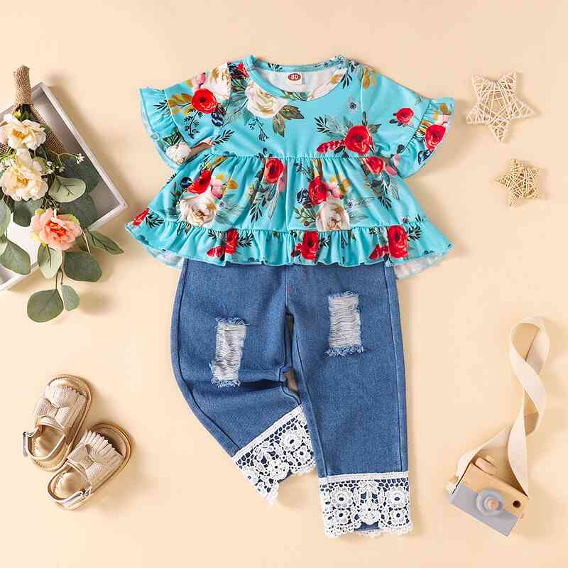 Girls Floral Round Neck Top and Lace Trim Distressed Jeans Set