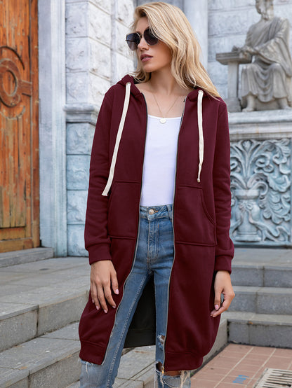 Full Size Zip-Up Longline Hoodie with Pockets