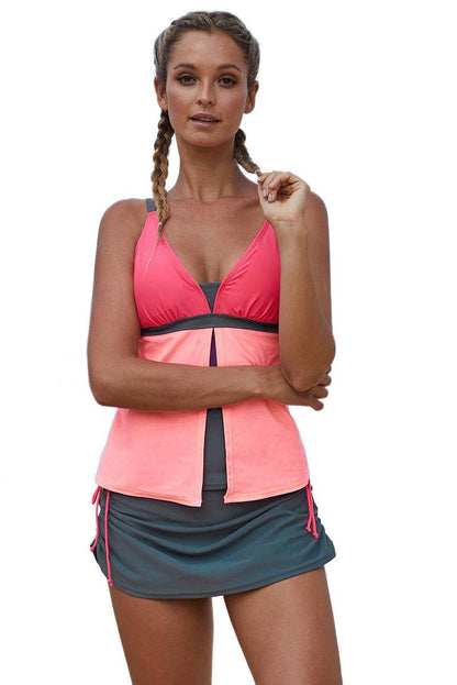 Drawstring Colorblock Tankini Skort Bottom Swimsuit