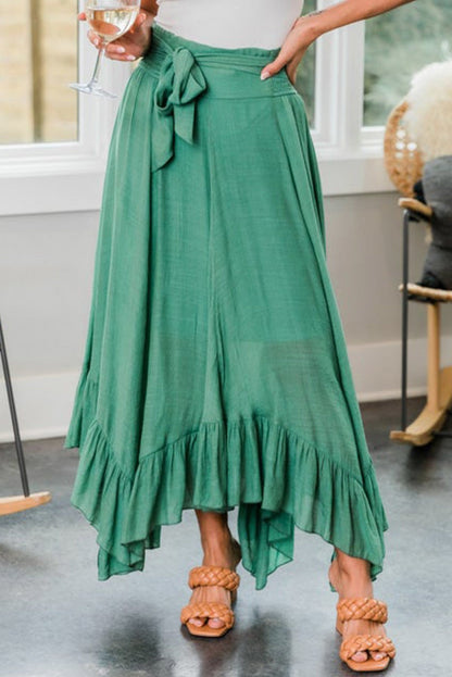 Green Asymmetric Flounce Belted High Waist Maxi Skirts