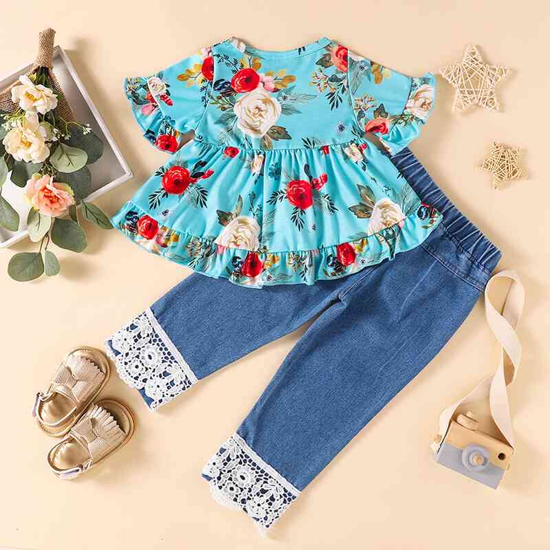 Girls Floral Round Neck Top and Lace Trim Distressed Jeans Set